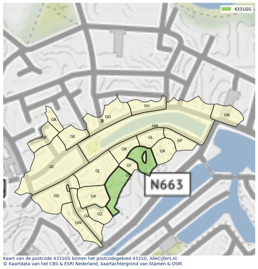 Afbeelding van het postcodegebied 4331 GS op de kaart.