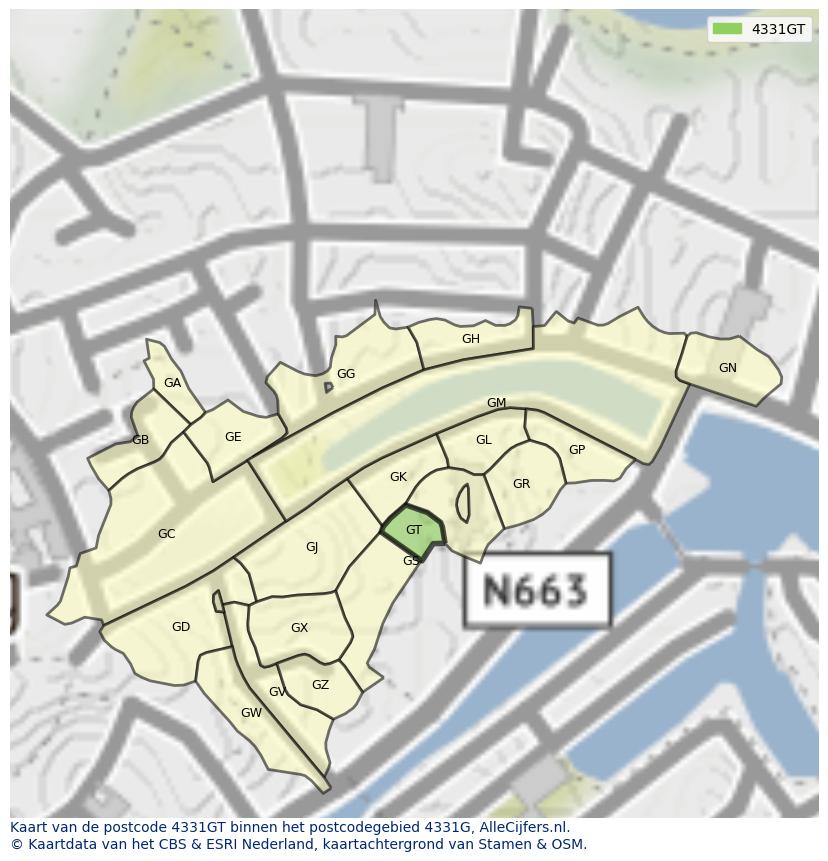 Afbeelding van het postcodegebied 4331 GT op de kaart.