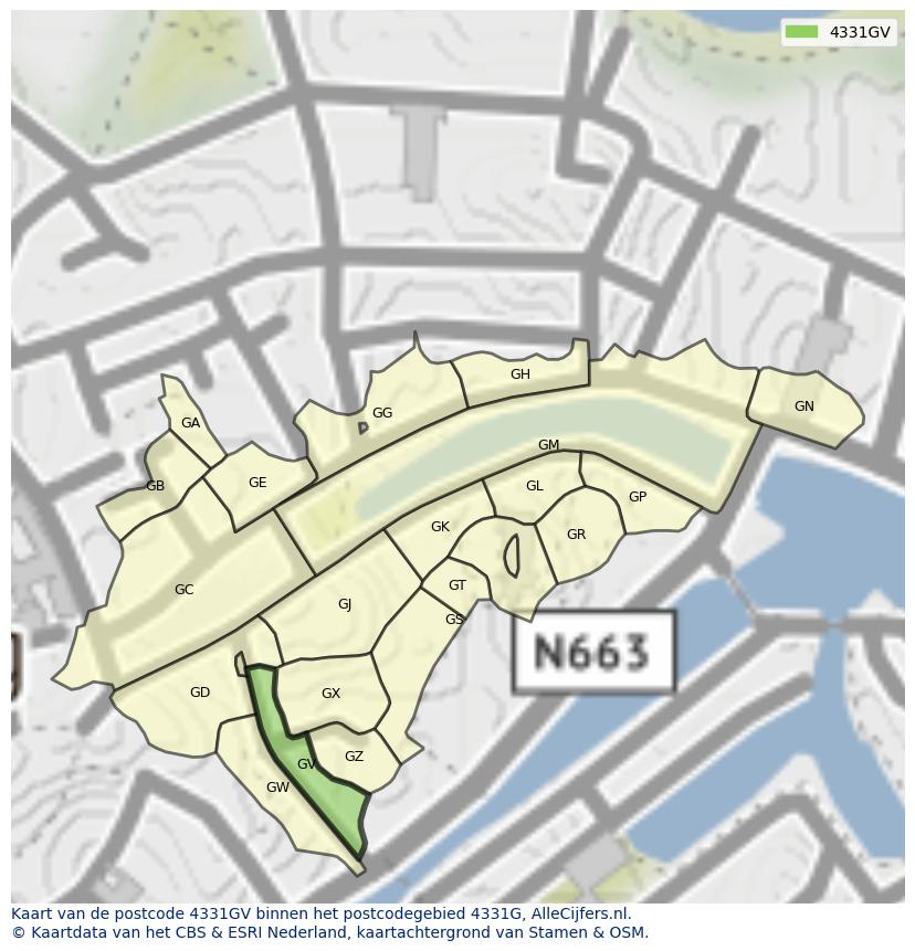 Afbeelding van het postcodegebied 4331 GV op de kaart.