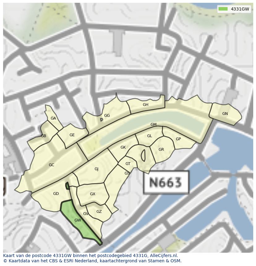 Afbeelding van het postcodegebied 4331 GW op de kaart.