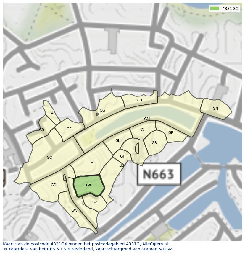 Afbeelding van het postcodegebied 4331 GX op de kaart.