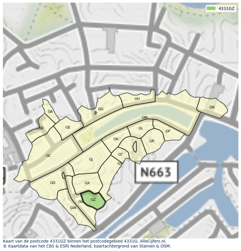 Afbeelding van het postcodegebied 4331 GZ op de kaart.