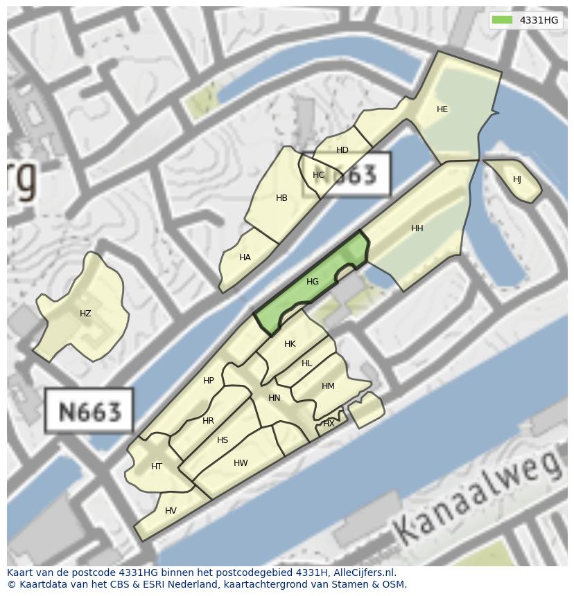 Afbeelding van het postcodegebied 4331 HG op de kaart.