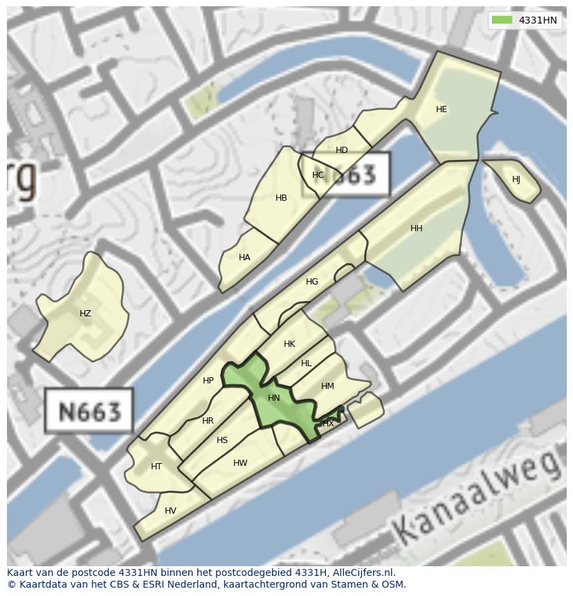 Afbeelding van het postcodegebied 4331 HN op de kaart.
