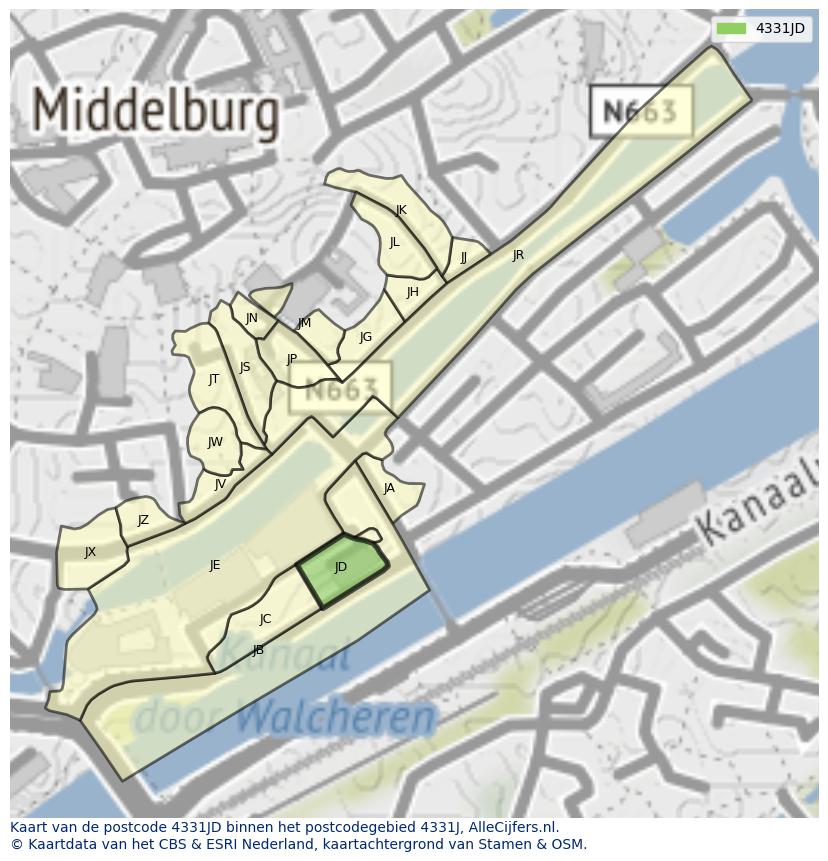 Afbeelding van het postcodegebied 4331 JD op de kaart.
