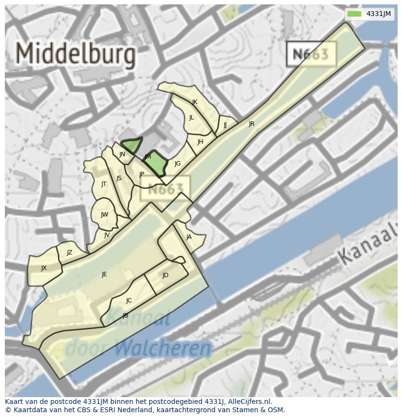 Afbeelding van het postcodegebied 4331 JM op de kaart.