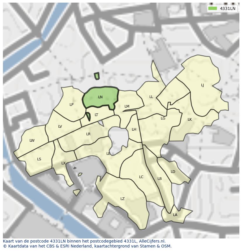 Afbeelding van het postcodegebied 4331 LN op de kaart.