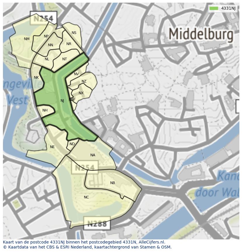 Afbeelding van het postcodegebied 4331 NJ op de kaart.