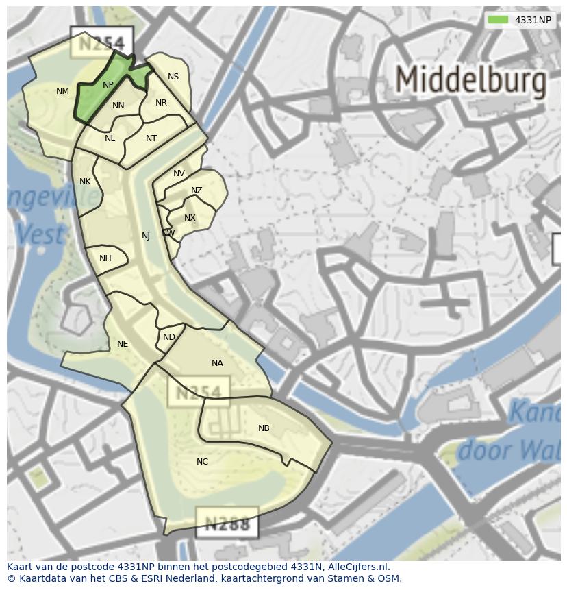 Afbeelding van het postcodegebied 4331 NP op de kaart.