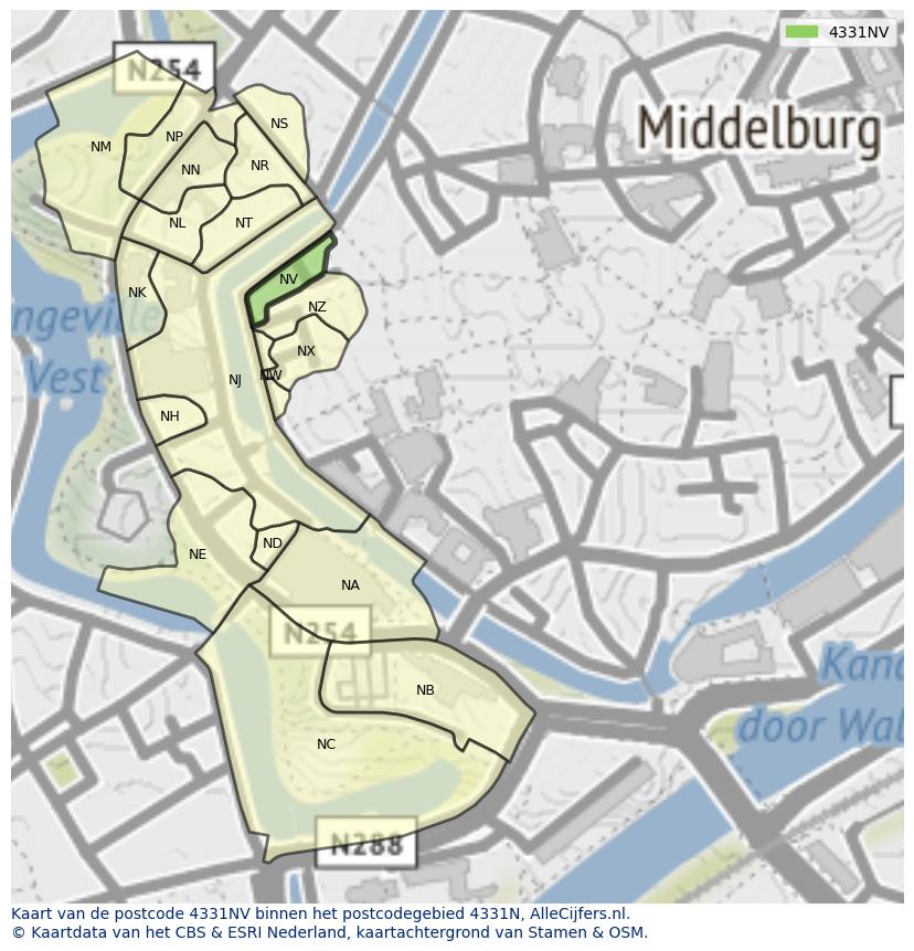 Afbeelding van het postcodegebied 4331 NV op de kaart.