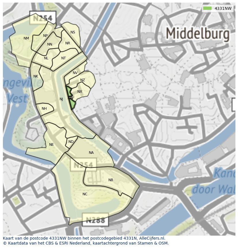 Afbeelding van het postcodegebied 4331 NW op de kaart.