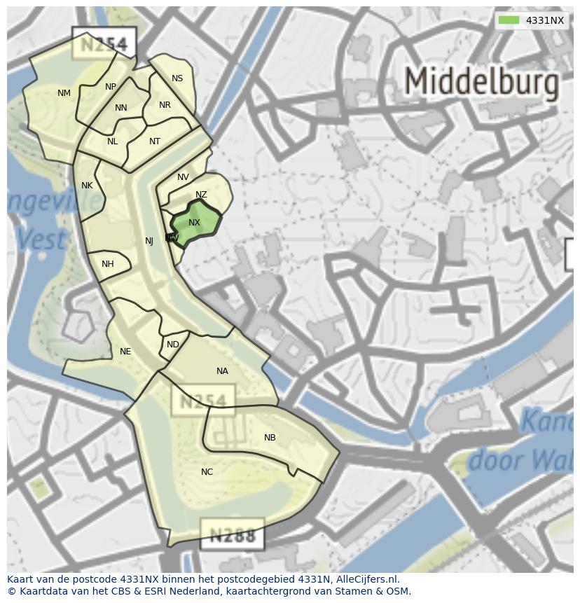 Afbeelding van het postcodegebied 4331 NX op de kaart.