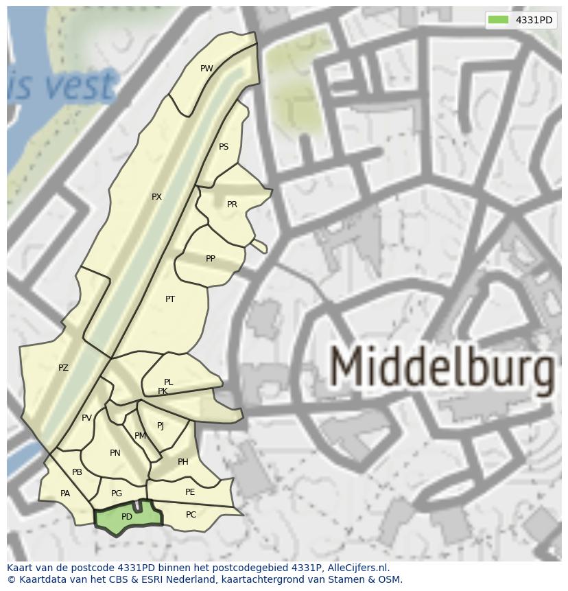 Afbeelding van het postcodegebied 4331 PD op de kaart.