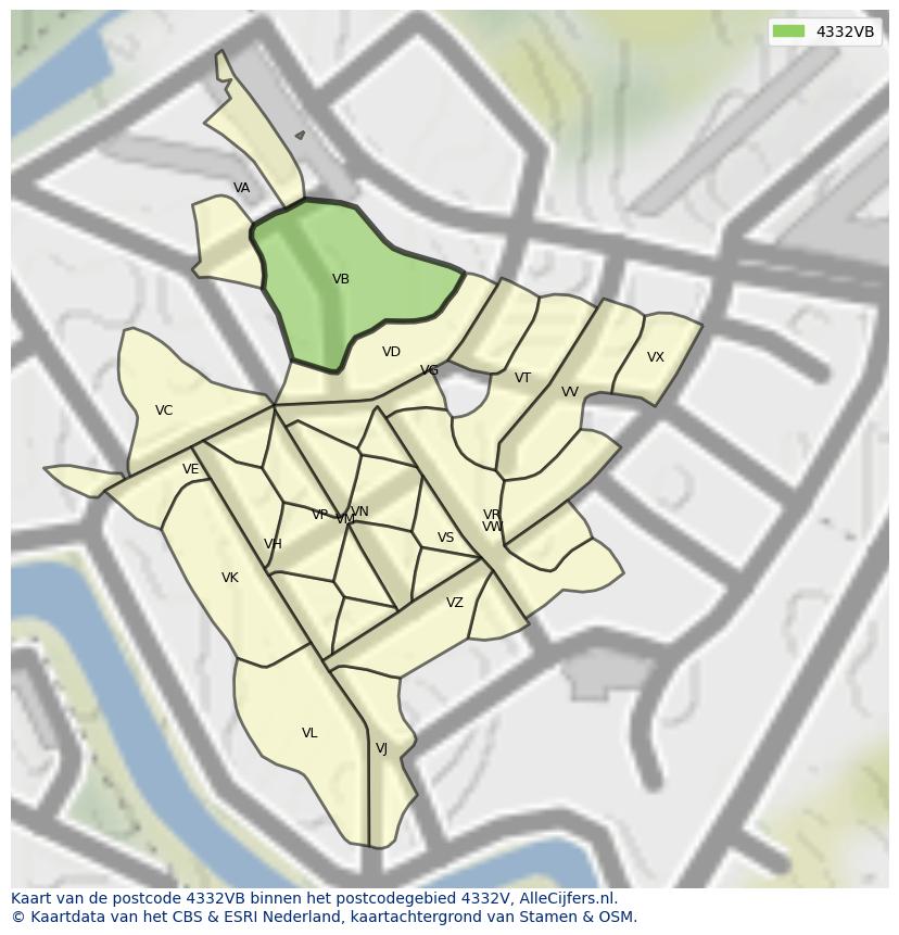 Afbeelding van het postcodegebied 4332 VB op de kaart.