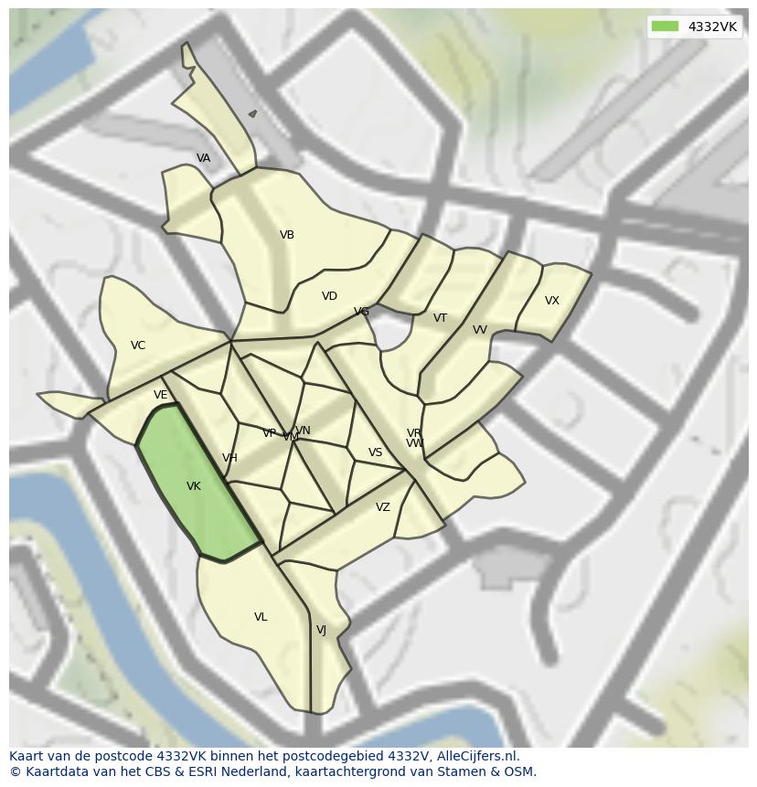 Afbeelding van het postcodegebied 4332 VK op de kaart.