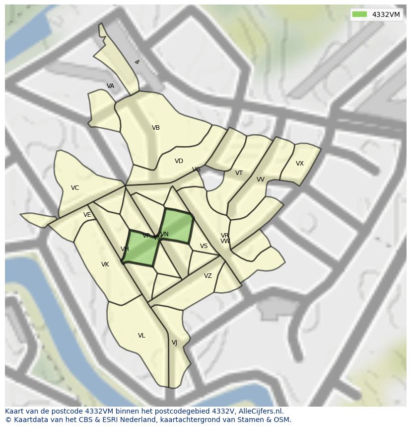 Afbeelding van het postcodegebied 4332 VM op de kaart.