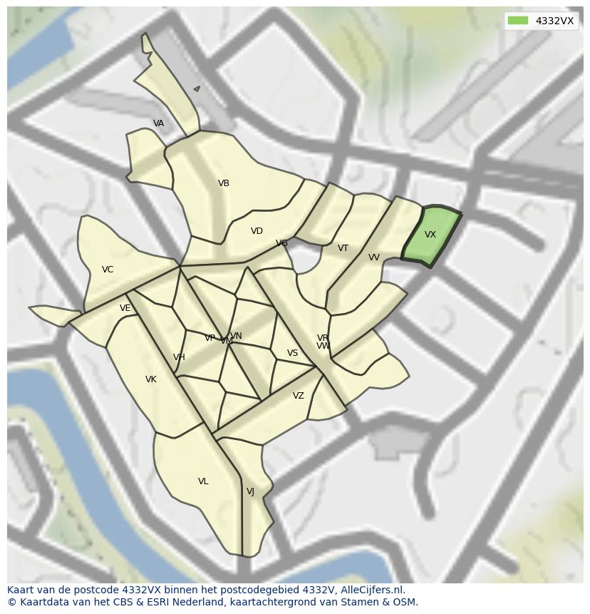 Afbeelding van het postcodegebied 4332 VX op de kaart.
