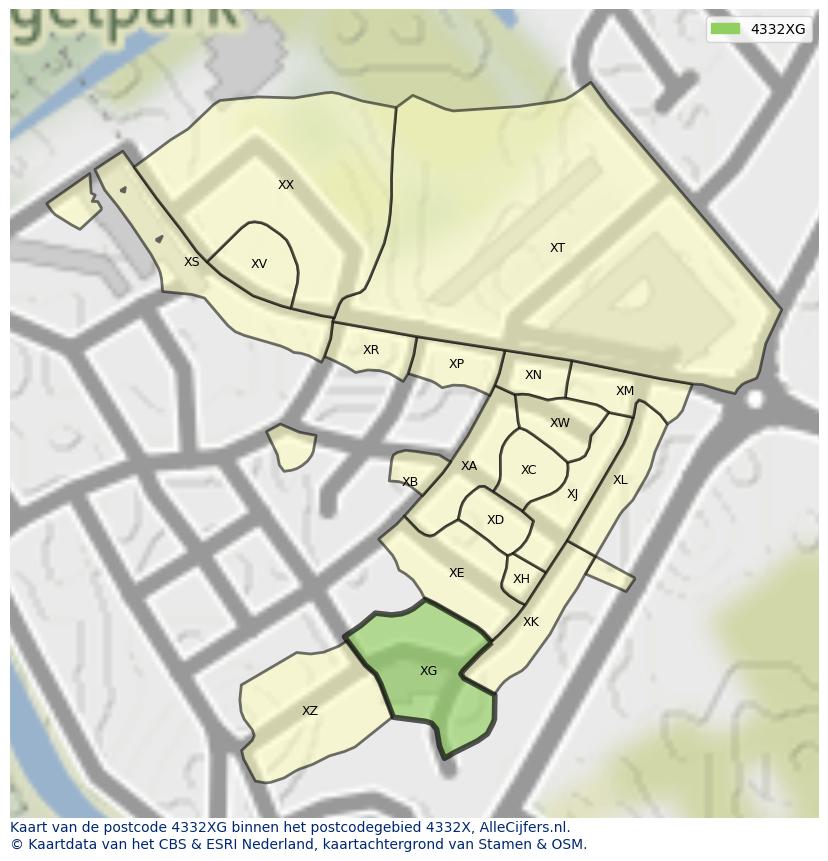 Afbeelding van het postcodegebied 4332 XG op de kaart.