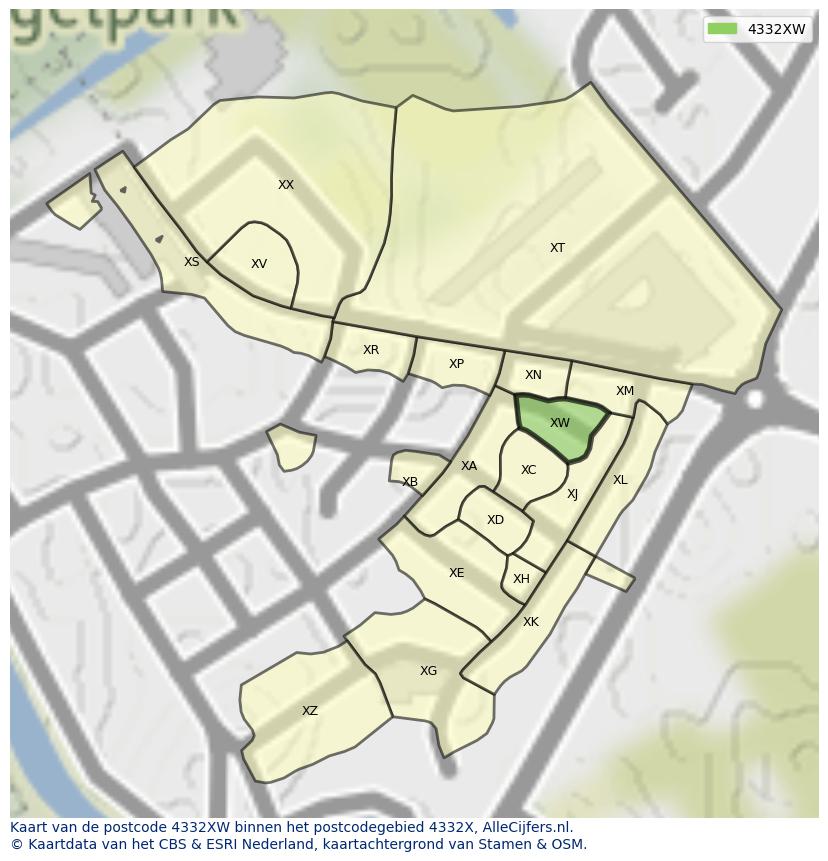 Afbeelding van het postcodegebied 4332 XW op de kaart.
