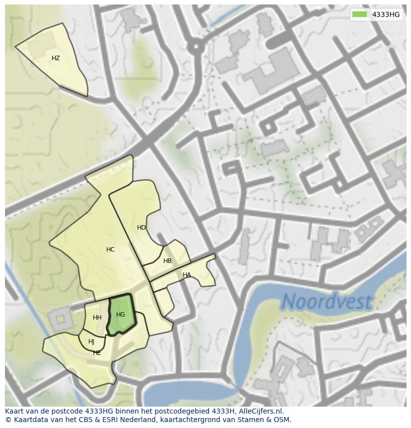Afbeelding van het postcodegebied 4333 HG op de kaart.
