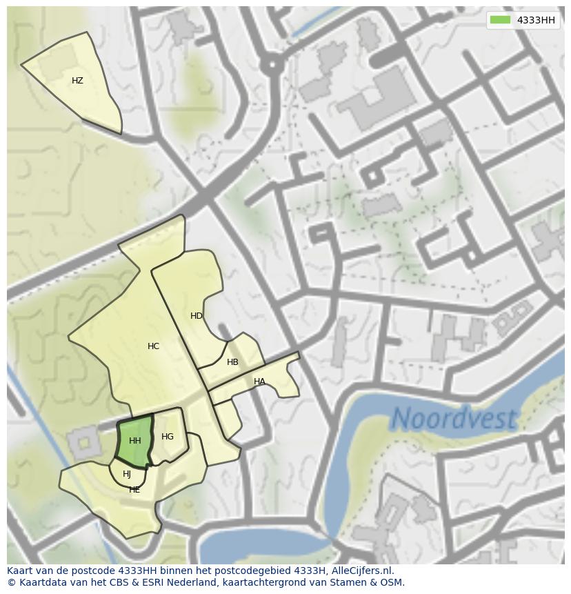 Afbeelding van het postcodegebied 4333 HH op de kaart.