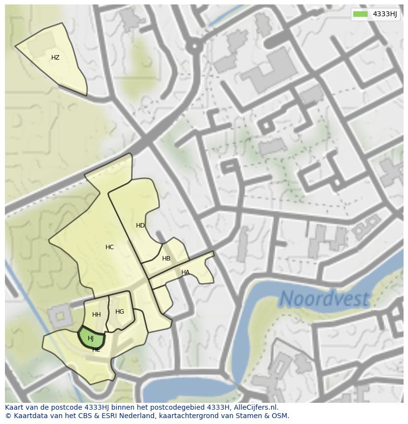 Afbeelding van het postcodegebied 4333 HJ op de kaart.