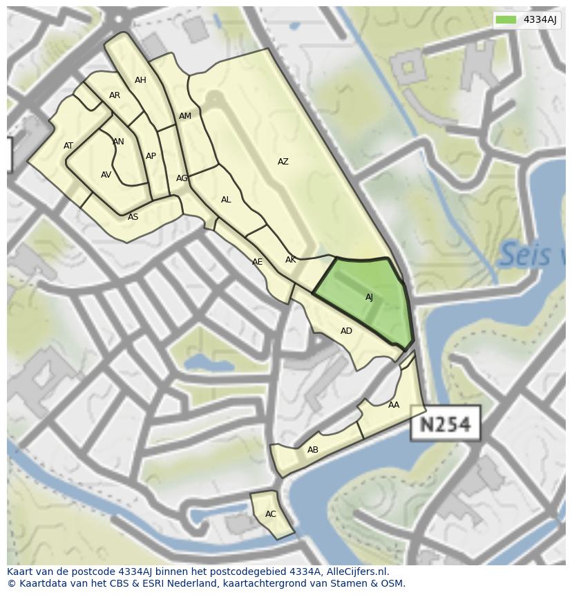 Afbeelding van het postcodegebied 4334 AJ op de kaart.