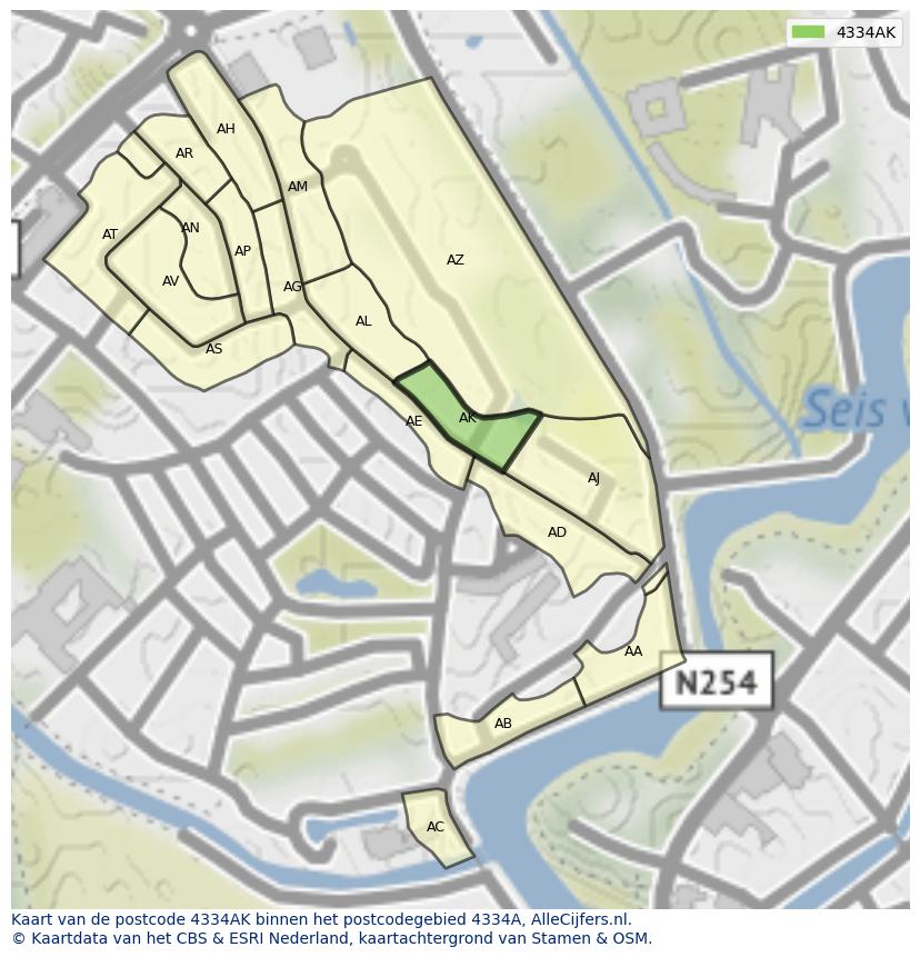 Afbeelding van het postcodegebied 4334 AK op de kaart.
