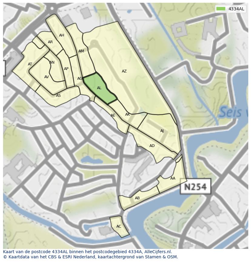 Afbeelding van het postcodegebied 4334 AL op de kaart.