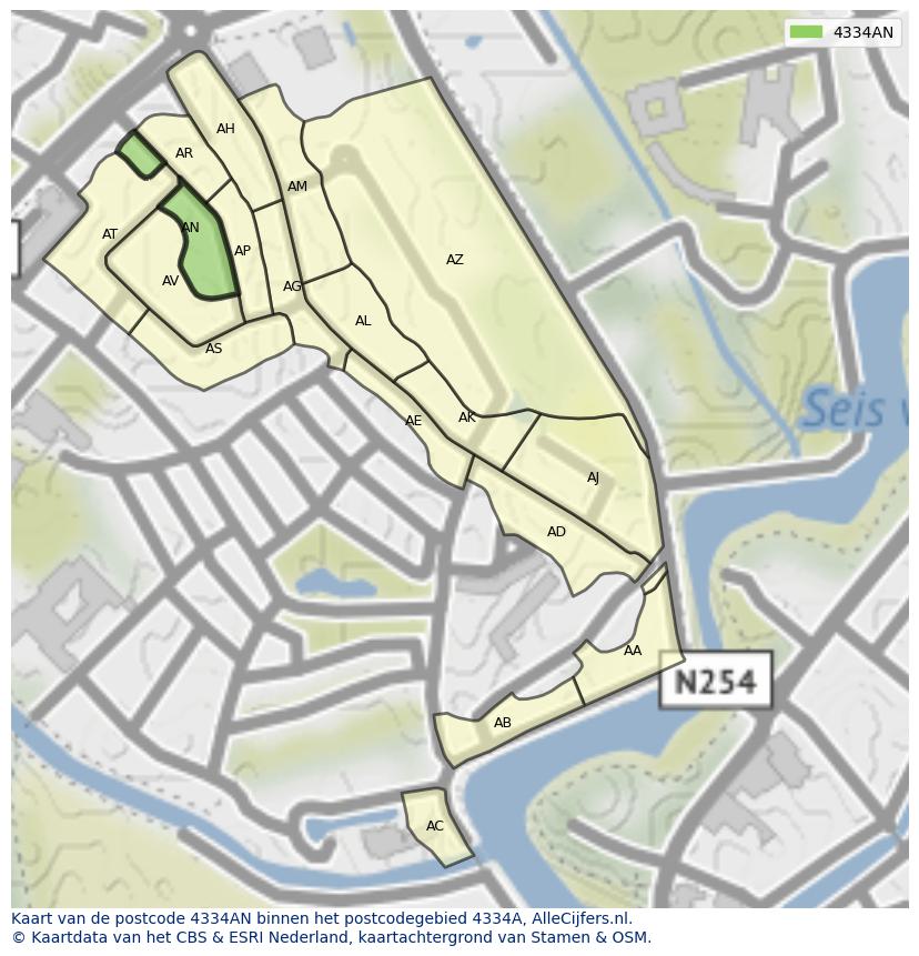 Afbeelding van het postcodegebied 4334 AN op de kaart.