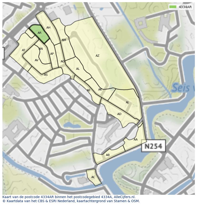Afbeelding van het postcodegebied 4334 AR op de kaart.