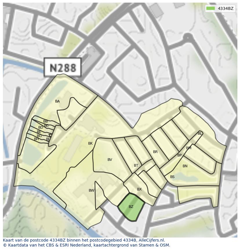 Afbeelding van het postcodegebied 4334 BZ op de kaart.