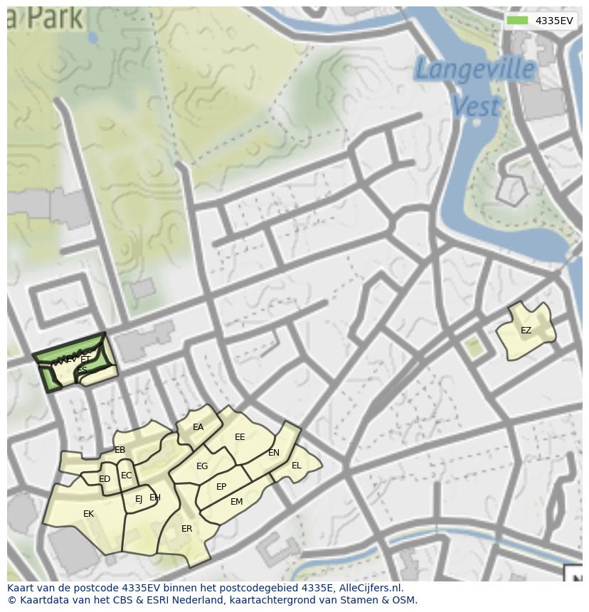 Afbeelding van het postcodegebied 4335 EV op de kaart.