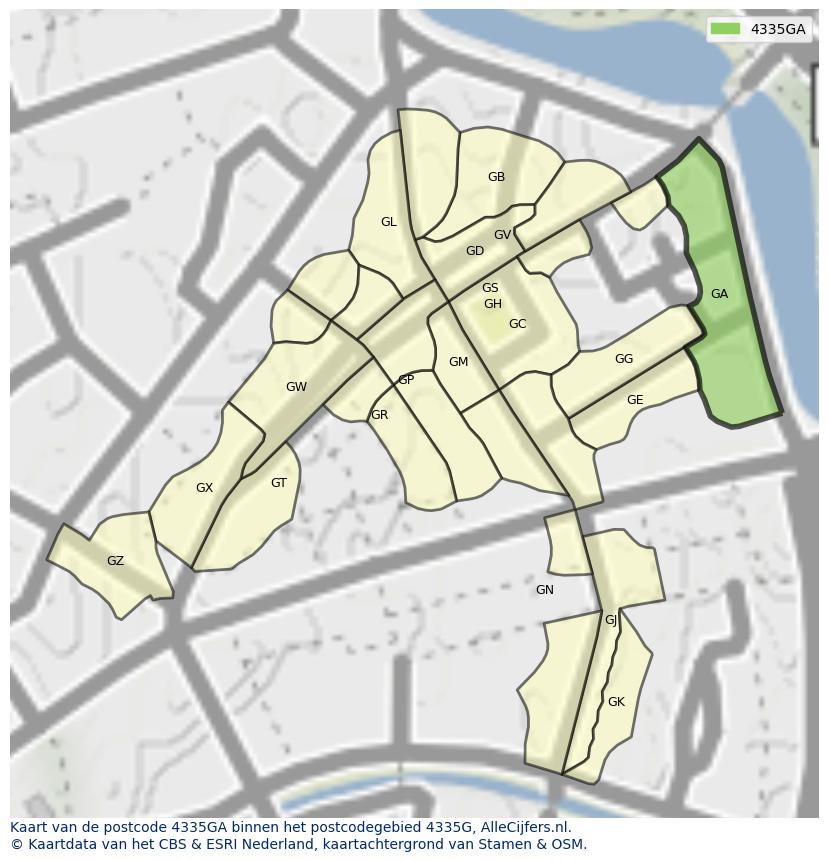 Afbeelding van het postcodegebied 4335 GA op de kaart.