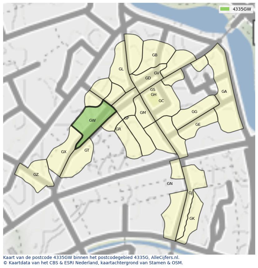 Afbeelding van het postcodegebied 4335 GW op de kaart.
