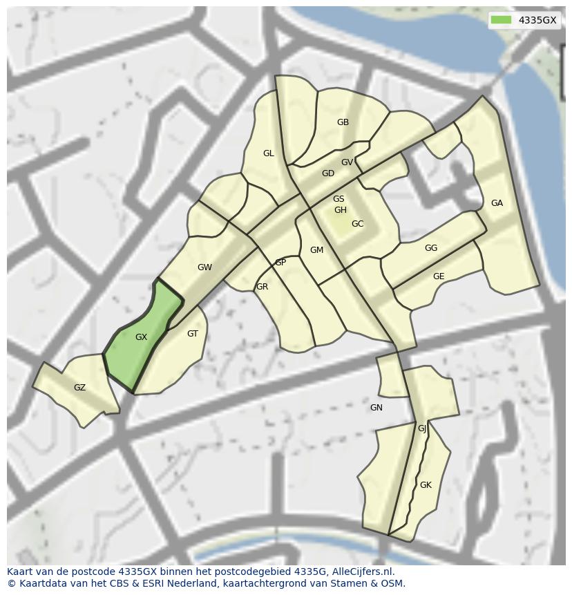 Afbeelding van het postcodegebied 4335 GX op de kaart.