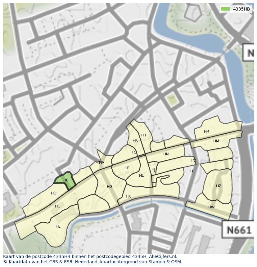 Afbeelding van het postcodegebied 4335 HB op de kaart.
