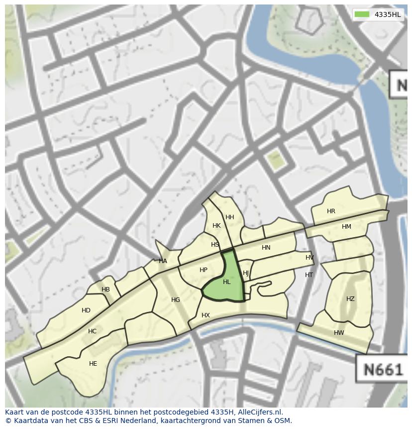 Afbeelding van het postcodegebied 4335 HL op de kaart.