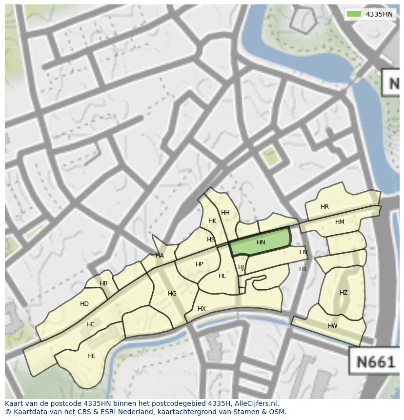Afbeelding van het postcodegebied 4335 HN op de kaart.