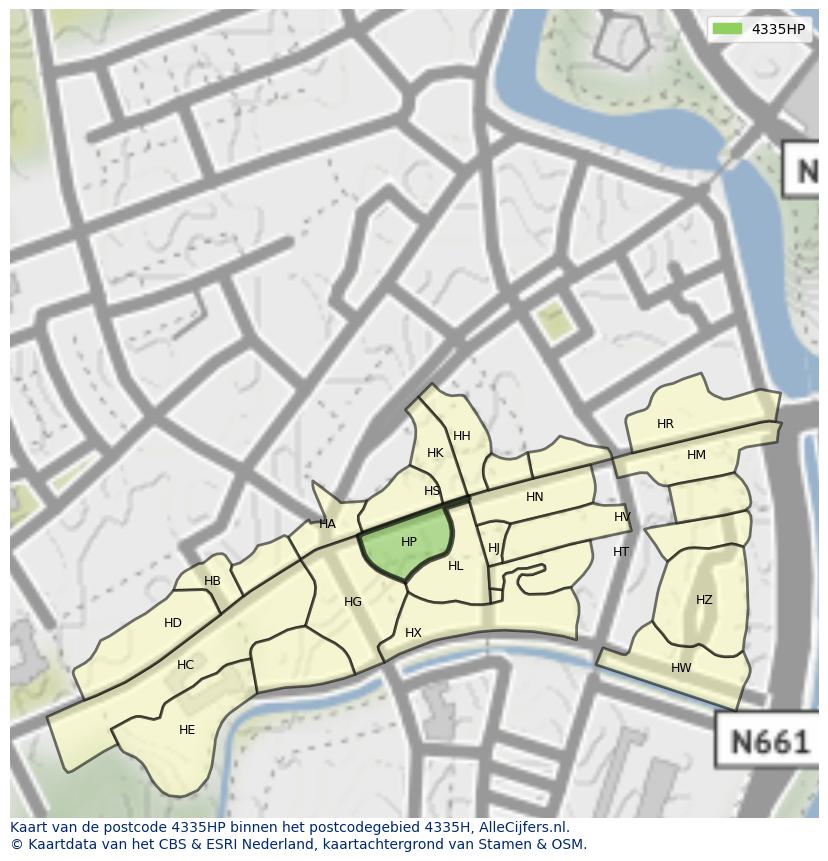 Afbeelding van het postcodegebied 4335 HP op de kaart.