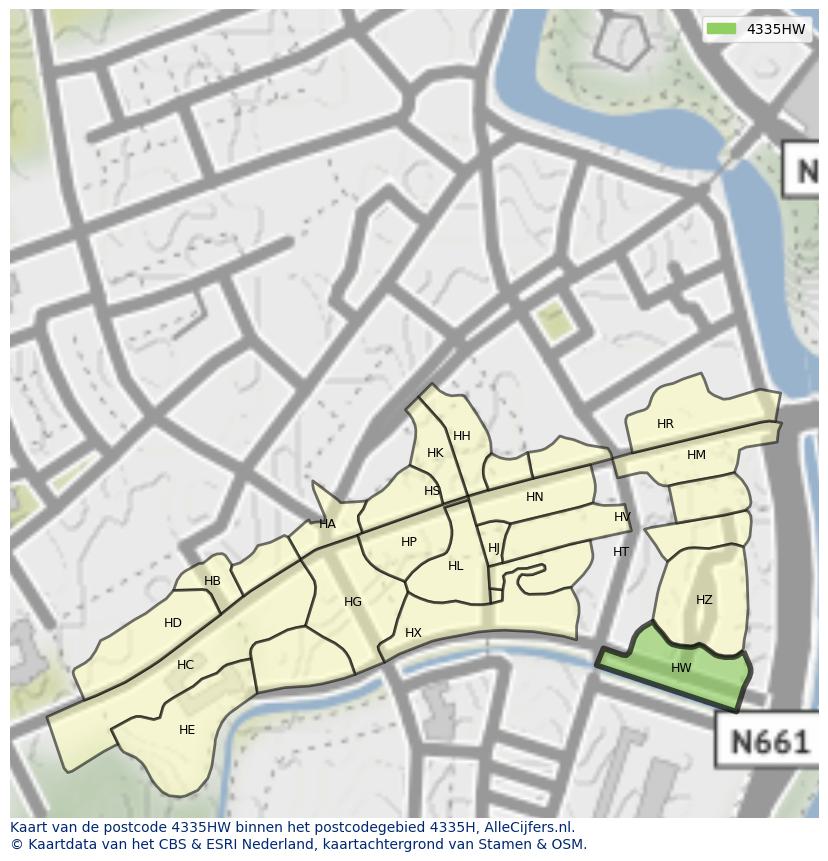 Afbeelding van het postcodegebied 4335 HW op de kaart.