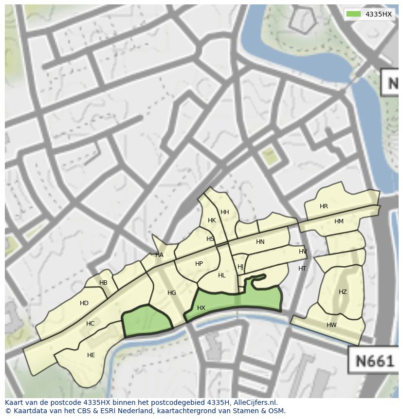 Afbeelding van het postcodegebied 4335 HX op de kaart.