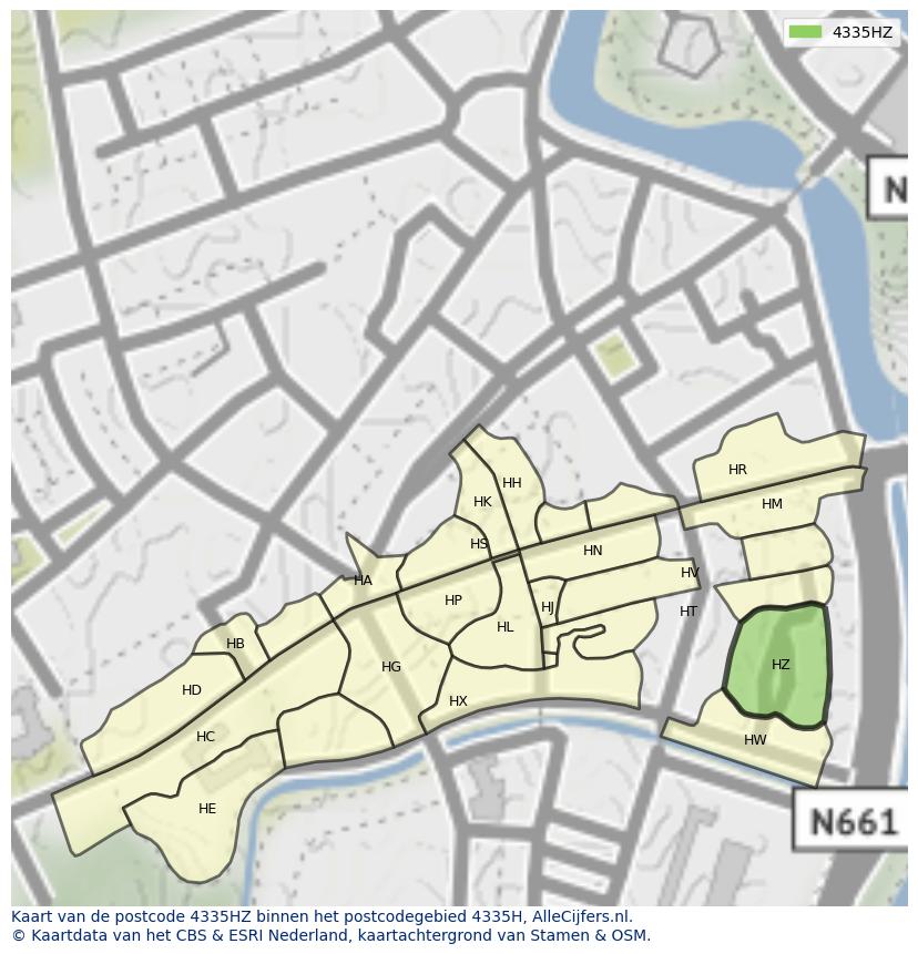 Afbeelding van het postcodegebied 4335 HZ op de kaart.