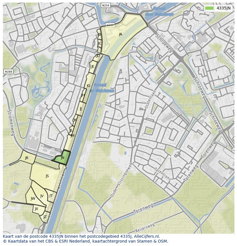 Afbeelding van het postcodegebied 4335 JN op de kaart.