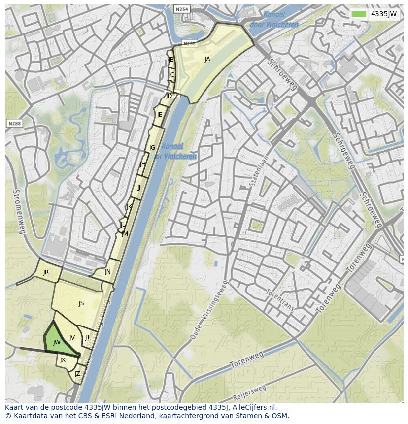 Afbeelding van het postcodegebied 4335 JW op de kaart.