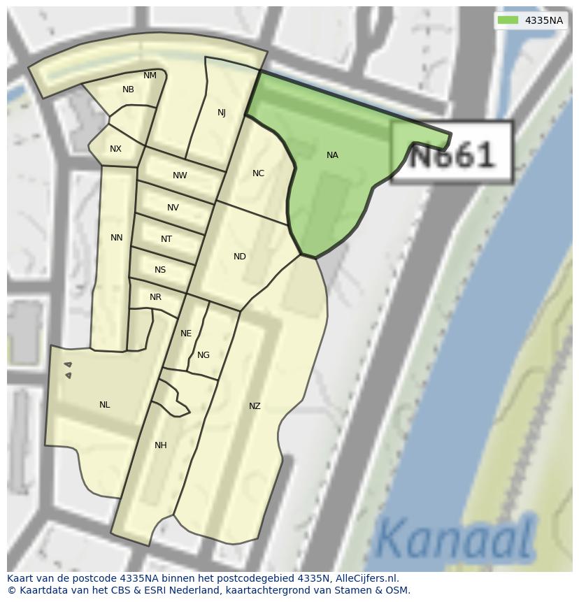 Afbeelding van het postcodegebied 4335 NA op de kaart.