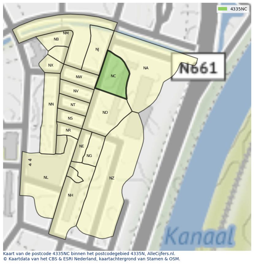 Afbeelding van het postcodegebied 4335 NC op de kaart.