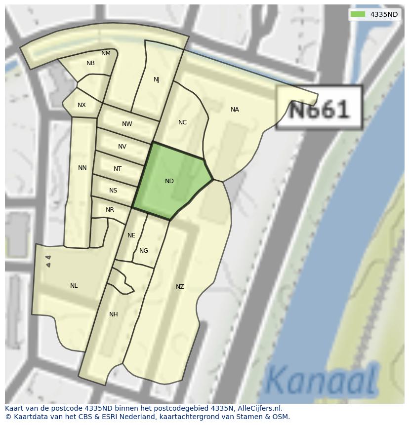 Afbeelding van het postcodegebied 4335 ND op de kaart.
