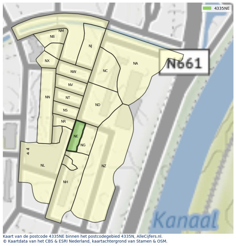 Afbeelding van het postcodegebied 4335 NE op de kaart.