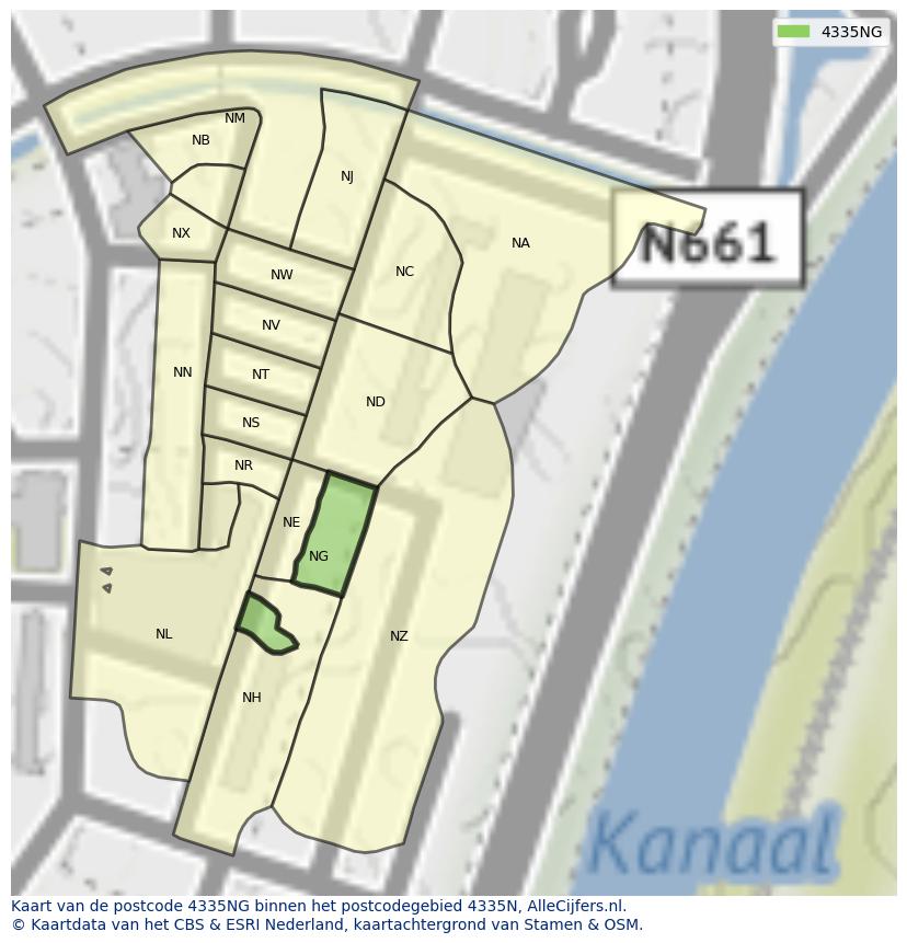 Afbeelding van het postcodegebied 4335 NG op de kaart.